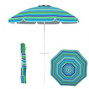 KOMFOTTEU Parasol de Plage 200 cm avec Porte-gobelet, Parasol Pliable avec Sac de transportdes, Parasol Rond, ajustable de deux Côtés à 30°, pour Terrasse, Balcon, Jardin (Rayures bleu + vert) (Komfort GmbH, neuf)