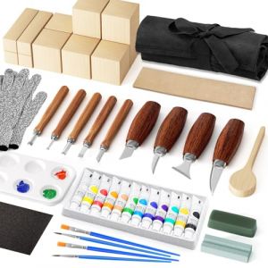 Kit Sculpture Bois, Outil de Ciseaux &agrave; Bois Kit, Couteau Sculpture Bois Kit avec Blocs de Sculpture en Tilleul, Sculpture Bois pour D&eacute;butants Professionnels, Gants R&eacute;sistants aux Coupures, Sac L&eacute;ger (Ozzagar FR, neuf)