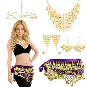 Baisdan 5 Pi&egrave;ces Ensemble d'Accessoires de Danse du Ventre avec Ceinture Danse Orientale &agrave; Pi&egrave;ces Dor&eacute;es, Cha&icirc;ne Frontale, Collier, Boucles d&lsquo;Oreilles et Bracelets pour Carnival, Halloween et Cosplay (Baisdan, neuf)