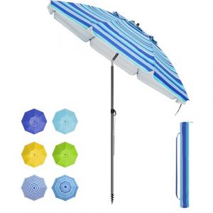 BelleMax Parasol de Plage Exterieur, avec ancre de sable 12 cm & Sac de Parasol, Inclinable sur 30°, Hauteur réglable, pour Balcon, Plage, Terrasse, Protection Solaire UV50 +,Rayures Tiffany,200 cm (Ominia, neuf)