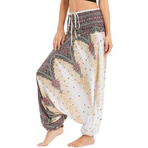 Nuofengkudu Femme Hippie Sarouel Combinaison Pantalon Bretelles Jumpsuit Taille Haute Large Boheme Fleuri Imprimé Leger Grande Thai Yoga Pants Homewear Coloré Ete Plage N Paon Blanc (better Life, neuf)