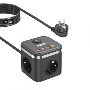 PD 20W Multiprise Cube avec USB C + câble 1.5M,BEVA 2500W/10A Cube Prise Multiple 3 Prise avec 2 USB-C et 1-USB-A, 6 in 1 Bloc Multiprise avec Interrupteur, pour Maison Bureau (Fudong Tech., neuf)