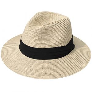 DRESHOW Femme Homme Chapeau de Paille Panama Chapeau &Eacute;t&eacute; Large Bord Chapeau de Soleil Anti-UV pour Plage Voyage Fedora Chapeau de Soleil,Taille unique,Panama Beige (Dreshow, neuf)