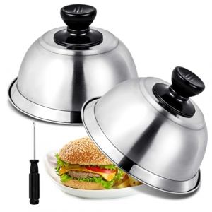Omtofo Cloche &agrave; hamburger, lot de 2 cloches &agrave; hamburger en acier inoxydable, 22,3x8 cm, avec poign&eacute;e en silicone r&eacute;sistant &agrave; la chaleur, cloche de cuisson pour Teppanyaki et barbecue & cuisine (BERSANI GIU S.R.L., neuf)