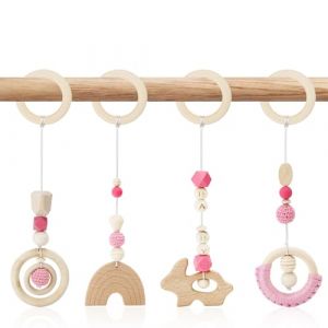 BINYI Arche Portique Deveil Eveil Bebe Bois Arche de Jeux Bébé Jouet Poussette 4 Pièces Jouet a Suspendre Bebe Arches de Jeu pour Jeux Nouveau Né en Bois pour Siège de Bébé Landau (Rose) (BINYI, neuf)