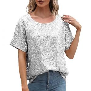 Body argent&eacute; pour femme, chemisier &agrave; paillettes scintillantes, t-shirt &agrave; paillettes &agrave; manches courtes pour les vacances, les soir&eacute;es en bo&icirc;te de nuit T-shirt pour femme avec imprim&eacute;, argent&eacute;, XXL (⭐⭐⭐⭐⭐Tiantian1, neuf)