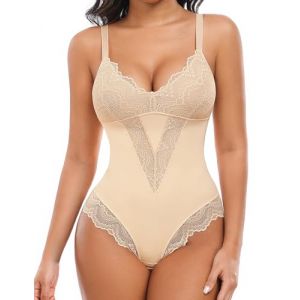 UMIPUBO Body Gainant Femme Ventre Plat Body Sculptant Femme Amincissante Gainant Corset Dentelle Skims Col V Shapewear Lingerie Réglable Strap Combinaison Minceur Bodysuit (Peau, XXL) (Bukely, neuf)