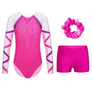 Oyolan Enfant Fille Justaucorps Gymnastique avec Short Ensemble Gym Tenue Patinage Danse Costume Spectacle D Rose vif 7-8 ans (Oyolan EU, neuf)