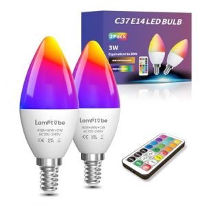 Lamptobe 2X Ampoule LED Changement de Couleur E14-3W SES Ampoule LED E14 RGB &agrave; Intensit&eacute; Variable RGB+ Blanc Chaud& Blanc Froid Ampoule Bougie E14 avec T&eacute;l&eacute;commande, M&eacute;moire& Synchronisation Fonction (Lamptobe Shop, neuf)