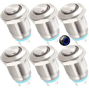 RUNCCI-YUN 6pcs 12V-24V 12mm Rond interupteur Push étancheBouton Poussoir Momentané LED Bouton Poussoir Metal Mini interupteur Push pour Voiture Camion Sonnette (Haute Tête) (LED Bleue) (RUNCCI-YUN, neuf)