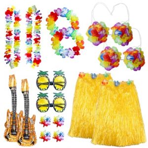 Jupe Hawaienne Femme Homme, Collier de Fleurs Hawaienne Robe Costume Hawaienne Guirlande Deco Lunettes de Soleil Ananas Hawaii Plage Carnaval (2 pièces - Doré - Femme) (HarnyLoom, neuf)