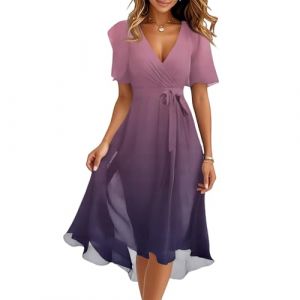 Robe de Femme Ete Chic Elegant Mi Longue Fluide Robe Longue Ensemble Boheme Ete Femme Manche Courte Fleurie Portefeuille Vetement D'été Femmes Vintage Robes de Plage Bal Soiree (A Purple,Large) (QU-XINYU, neuf)