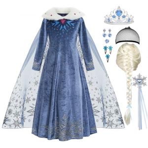 ZaisuiFun D&eacute;guisement Costume Princesse Elsa pour Fille Robe Reine des Neiges Bleu Manche Longue Tenue Chaud avec Col en Peluche pour Halloween Anniversaire Canarval (QM Co.,Ltd., neuf)