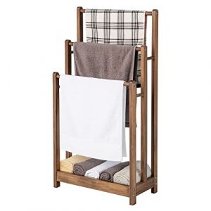 COSTWAY Porte-Serviettes sur Pied en Bois, 3 Barres et Étagère de Rangement Inférieure, Dispositif Anti-Renversement, Support Serviette pour Salle de Bain, Buanderie, 22 x 45 x 86 cm, Marron (FDS GmbH, neuf)