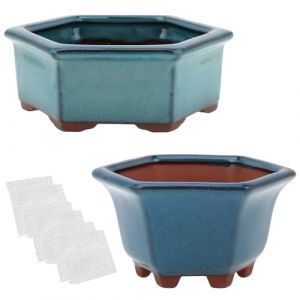 Lot de 2 pots de fleurs émaillés pour bonsaï 12,4 cm et 15,5 cm + 6 grilles de drainage en maille souple (kilofly shop, neuf)