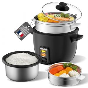 Cuiseur à riz, cuiseur à riz 2 L avec cuiseur vapeur, cuiseur à riz avec cuve intérieure antiadhésive pour préparer des soupes,des ragoûts,des céréales,des céréales,Conservation de la chaleur (noir P) (PremQuali, neuf)