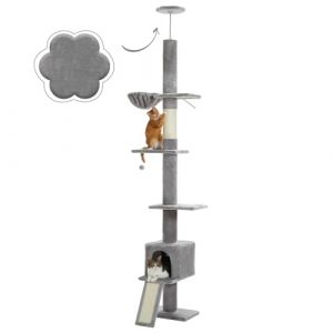 PAWZ Road Arbre &agrave; Chat du Sol au Plafond Hauteur R&eacute;glable 216-273 cm, Multi-Plateforme avec Hamac, Griffoir, Condo & Ceinture Anti-Chute, Gris (Johnson SY, neuf)
