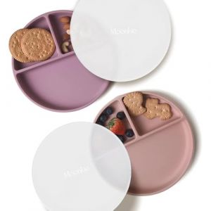 Moonkie Assiettes &agrave; Succion pour B&eacute;b&eacute;s et Jeunes Enfants | Assiettes &agrave; S&eacute;paration en Silicone sans BPA avec Couvercle | Lavable au Micro-ondes et au Lave-vaisselle - 2 Pack (Pale Mauve/Blush) (moonkie store, neuf)