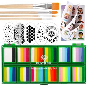 Bowitzki Kit de peinture pour visage professionnel 12 x 10 g pour enfants et adultes avec pochoir, g&acirc;teau divis&eacute;, non toxique, arc-en-ciel, flore, dauphin, licorne, flamme, maquillage, vert (facepaintstore, neuf)