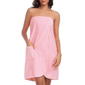 Lovasy Robe Serviette de Bain Femme Peignoir Enveloppant Grande Serviette de Spa avec Boutons R&eacute;glables Par&eacute;o de Bain Douce L&eacute;ger Kilt de Sauna avec Poche,A-Rose,S/M (Lovasy Direct, neuf)