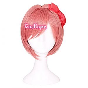 LINLINCD Anime Cosplay Perruque Sayori Cosplay Ddlc. Cosplay Femmes Filles Courte Rose Perruque Cosplay Anime Cosplay Perruques synthétiques résistantes à la chaleur Halloween (qiu lai shan mao hang, neuf)