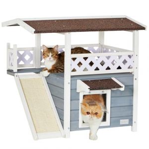 Petsfit Maison pour Chats Niche d'extérieur en Bois Niche Chat extérieur avec Toit en Asphalte Maison Exterieur Chat Résistante à l'hiver avec Griffoir pour Chat & Terrasse, Gris (Petsfit-UK, neuf)