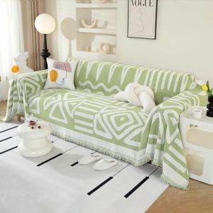 Royhom Housse de Canap&eacute; d'angle, Housse Canap&eacute; 4 Places, Vert Couvre Canape Chenille, Protege Canape Angle avec Glands D&eacute;coratifs, Anti-Rides, Boho Vert, 180x380 cm (Royhom Europe, neuf)