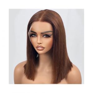 Perruques avant en dentelle cheveux humains Perruques Bob en cheveux humains, couleur chocolat, 13&times;4, densit&eacute; 180% Perruques pour femmes(16inches) (qingang2024-10, neuf)