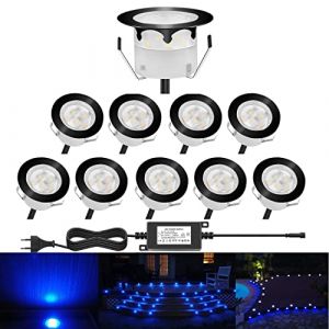 CHNXU 10 Spot LED Eclairage Ext&eacute;rieur Encastrable Sol Terrasse Bois,45mm Spots Encastr&eacute; Ext&eacute;rieur Fait en IP67 DC12V 1W Avec Alimentation EU Pour Jardin Escalier Patio BleuNoir (CHENXU, neuf)