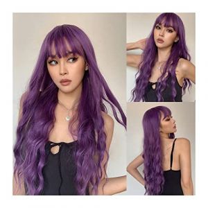 Perruques Perruque synthétique violet foncé avec frange for femme, perruques de cheveux ondulés super longs, perruques en fibres douces et respirantes résistantes à la chaleur for une soirée cosplay q (zhmeiguo222, neuf)