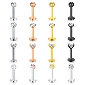 Mayhoop 16Pcs 16G Piercing d'Oreille Tragus Helix Cartilage Labret Acier Chirurgical 4 Couleurs CZ Piercing Labret L&egrave;vre Studs Boucle d'Oreille Femme Homme Bijoux de Piercing 6mm (Mayhoop, neuf)