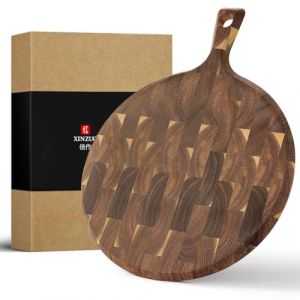 XINZUO Planche &agrave; Pizza en Bois d'Acacia 42,5x32x1,9cm Planche &agrave; D&eacute;couper Ronde Pelle &agrave; Pizza avec Poign&eacute;e -Bois End Grain Double Face Pour les Pizzas, Pain, Fruits, L&eacute;gumes, Biscuits (XIN ZUO, neuf)