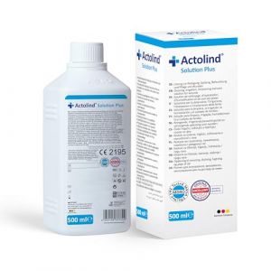 Actolind Solution Plus 500 ml – solution antiseptique pour irrigation des plaies. Nettoyage et hydratation indolores des plaies aiguës, chroniques et infectées. CE III, MPG, PHMB. (Actomarkt, neuf)