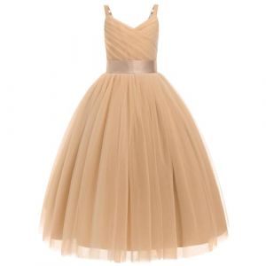 IWEMEK Fille Robe de Mariage Longue Robe de Demoiselle d'honneur Tutu Princesse en Spaghetti sans Manches Bapt�me f�te Anniversaire Soir�e Cocktail pour Enfants 6-14 Ans Champagne 160 (IWEMEK, neuf)