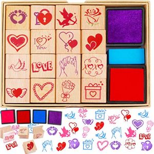 DPKOW 16 Tampons Saint-Valentin Artisanat avec Encreurs 4, C&oelig;ur Tampons en Bois pour Enfants Adultes Artisanat Cadeaux Goodies pour Saint-Valentin Bricolage Carte Scrapbooking Impression (dpkow, neuf)