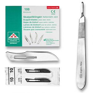 Set avec 100 x lames de scalpel N° 10 - Lame chirurgicale stérile en acier au carbone et 1 x manche de scalpel Figure N° 3 en acier inoxydable (Instruments en acier inoxydable de marque May, neuf)