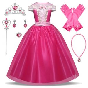 New front Fille D&eacute;guisement Princesse Aurore La Belle au Bois Dormant Robe de Princesse Cadeau No&euml;l Halloween Carnaval Cosplay pour Enfant Baguette Magique Couronne Gants Collier,Rose,140 (New Front, neuf)