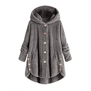 KHIRVWL Veste D'hiver En Polaire R&eacute;versible Pour Femme - Manteau En Laine Boutonn&eacute;e - Manteau D'hiver &agrave; Capuche- Blouson Pelucheuse Avec Poche - Outerwear De Couleur Unie De Pyjama (KHIRVWL-FR, neuf)