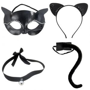 Guyode 4 Pièces Déguisement Chat Noir Femme, Bandeau, Queue, Collier Cloche, Masque de Chat Noir, Accessoires de Costume de Chat, pour Déguisement Halloween Animalier Cosplay Fête (Wholeston OÜ, neuf)