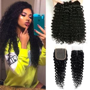 Tissage Cheveux Naturels Bouclés Tissage Naturel Cheveux Humain Tissage Bresilien Avec Closure Deep Wave Human Hair Bundles With Closure Couleur Noir Naturel 14 16 18+12 Pouces (fulgent sun hair store, neuf)