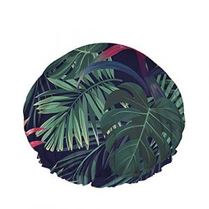 Bonnet de douche palmier, motif floral hawaïen avec fleurs Guzmania et feuilles de palmier royales Bonnets de bain double couche imperméables parfaits pour toutes les longueurs et épaisseurs de cheveu (FireBoomBoom, neuf)