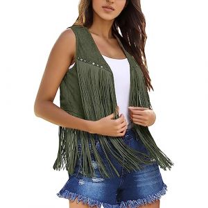 2024 Gilet à Frange Hippie Femme été Haut Veste Manteau Frangé sans Manches Vintage Daim Chic et Elégant Casual Grande Taille Mode Ethnique Cardigan Leger Court Western Cowboy Extérieur Streetwear (GUnakd, neuf)