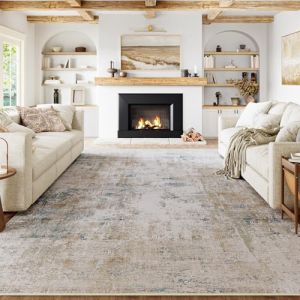 HUGEAR Beige Bleu Tapis Salon 200x300cm Lavable en Machine Antid&eacute;rapant Grand Tapis Chambre Adulte Moderne Naturel Abstrait Carpet Salle a Manger Bureau Descente de Lit Interieur Doux Poil Ras Rug (RONGBEN, neuf)