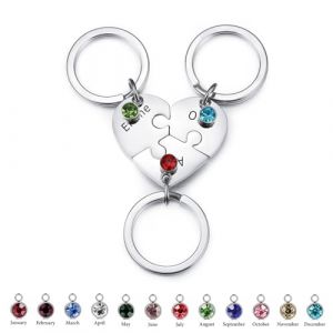 INBLUE Personnalis&eacute; 2-5 Noms Coeur Puzzle Pi&egrave;ce En Acier Inoxydable Porte-cl&eacute;s Ensemble Nom Personnalis&eacute; Porte-cl&eacute;s Cadeaux pour Les Femmes (Argent - 3 pi&egrave;ces & Pierres de Naissance) (INBLUE Jewellery, neuf)