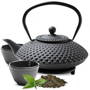 Tealøv THEIERE FONTE 1,25 LITRE SET COMPLET | BOÎTE CADEAU | Service à Thé en Fonte avec Théière, 2 Tasses & Dessous Théière | Entièrement Émaillée de l'Intérieur | Design De Style Japonais | Noir (Cook & Dine, neuf)