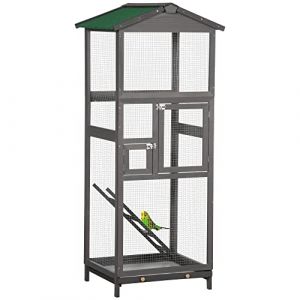 PawHut Cage à Oiseaux Grande Taille en Bois Massif, volière avec Toit en Asphalte, 2 Portes et tiroir Amovible, 68 x 63 x 165 cm, Gris (Aosom FR, neuf)