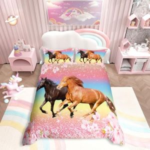 Filles Cheval Parure de Lit 220x240cm Chevaux Rose Floral Housse de Couette Galloping Farmhorse Blossom Flower Ensembles de Housse de Couette Wild Animal Cherry Blossom Glitter Fille Chambre (Bofanshangmao, neuf)