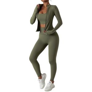 Belriviere Ensemble de survêtement deux pièces pour femme - Veste à manches longues et fermeture éclair - Legging taille haute - Ensemble d'entraînement, vert militaire, XL (Belriviere, neuf)