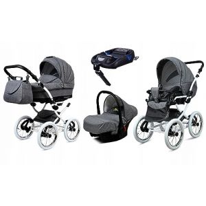 BabyLux® Enfant Poussette Combinée Set 4 en 1 - Margaret White - incl. Nacelle, Canne, Siège de voiture, ISOFIX Base - Siège Auto - Landau Bébé - avec Sac à langer, Habillage pluie etc. (BabyLux-shop, neuf)