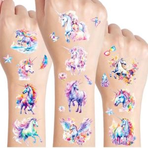 Licorne Tatouage Paillette Enfant, 12 Feuilles Tatouage Ephemere Licorne Fille, Cadeaux Licorne pour Filles, Tatouages Licorne Anniversaire Enfant, Kit Tatouage Licorne Paillette Enfant (JOJOLUXE Direct, neuf)
